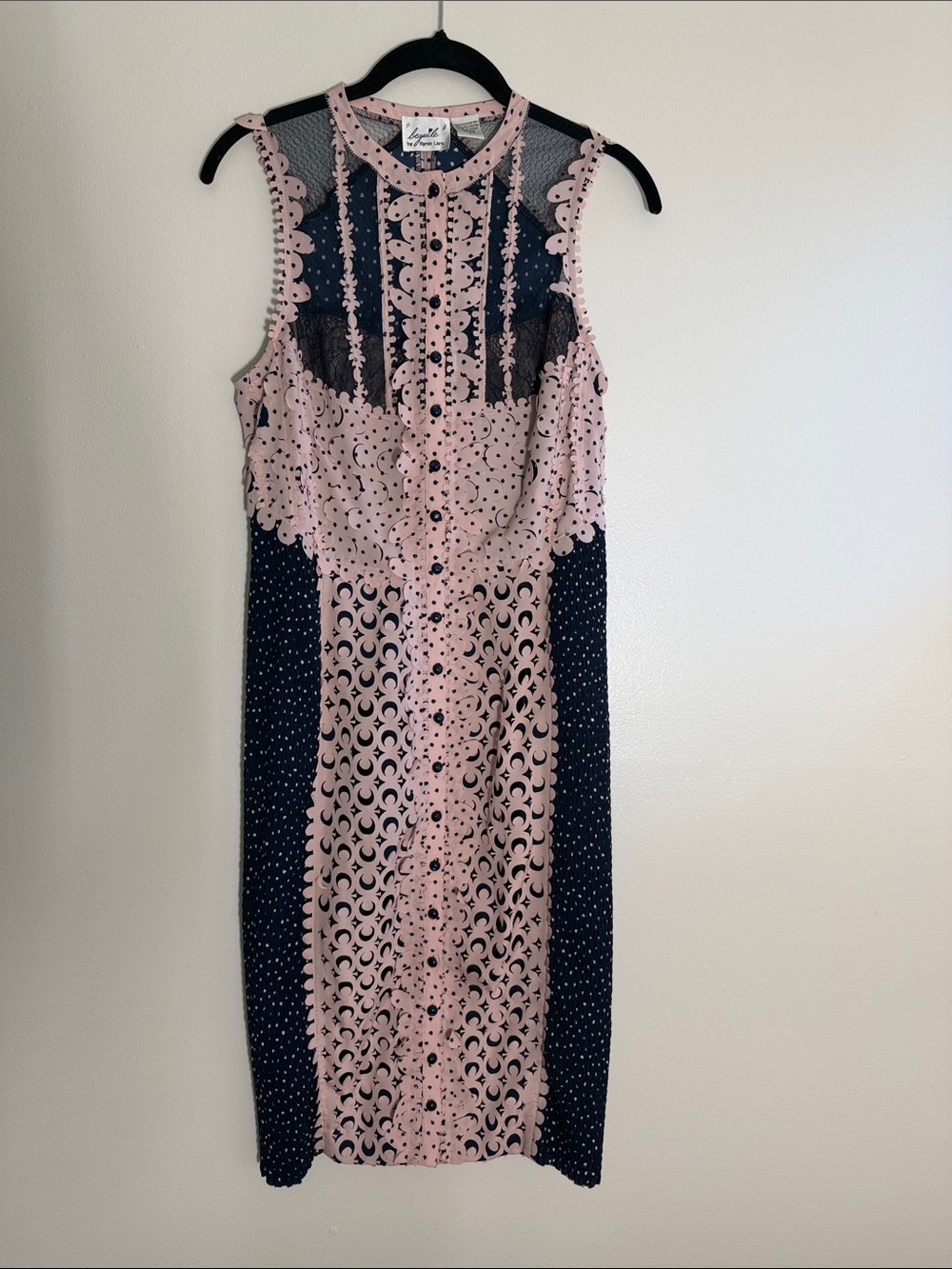 Beguile by Byron Lars Pink & Navy Lace Illusion Midi Dress Size 4